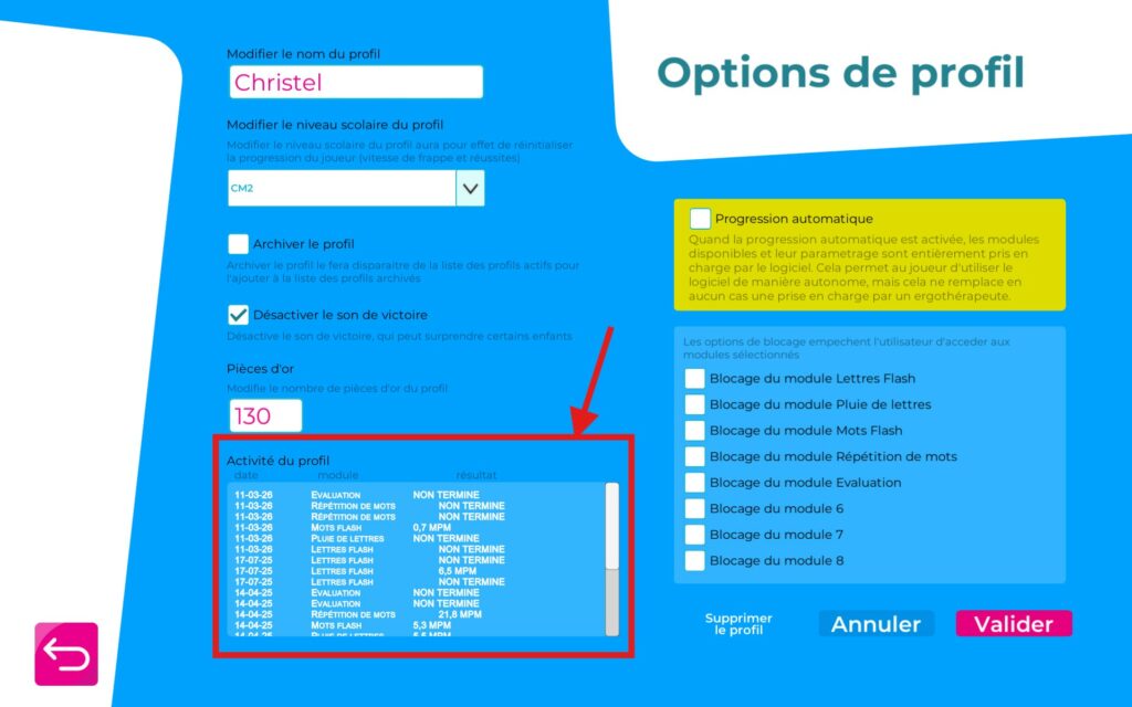 évolution exercices patient