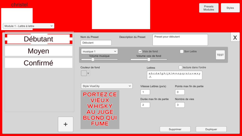 version 0.12 écran de paramétrages