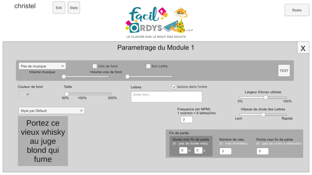 version 0.17 écran de paramétrages